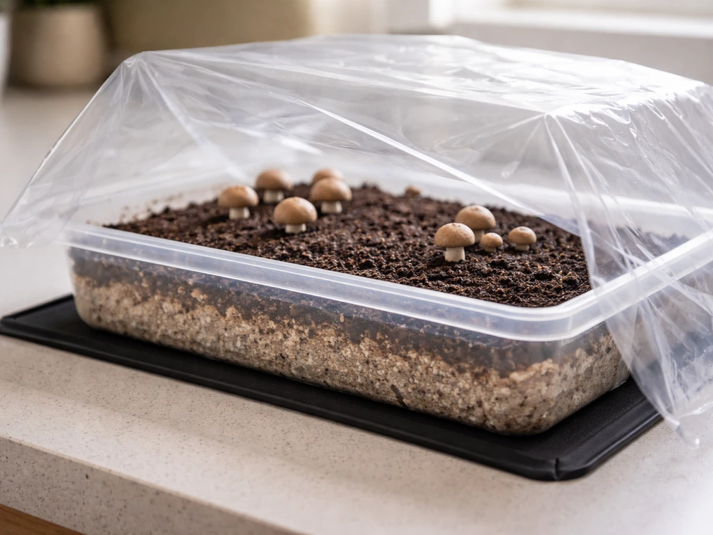 Indoor flat-bin grow setup with tray layers, casing, transparent humidity cover, and a heat mat beneath.