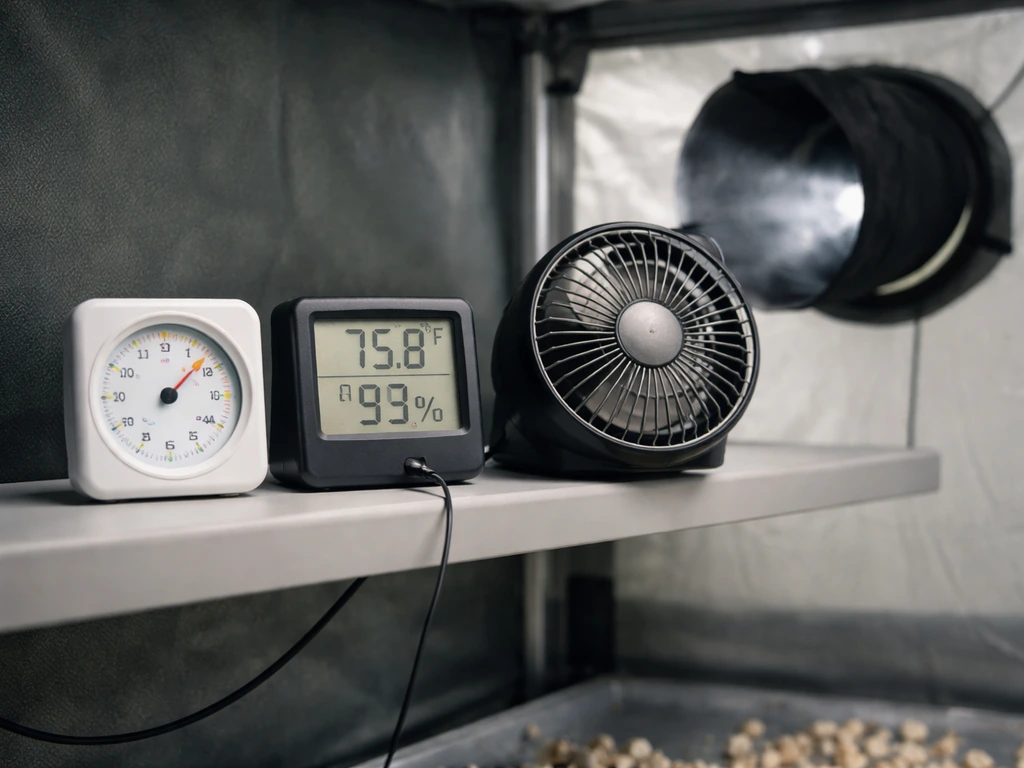 Close-up of a thermometer and hygrometer beside a small grow tent vent with airflow for humidity and fresh air.