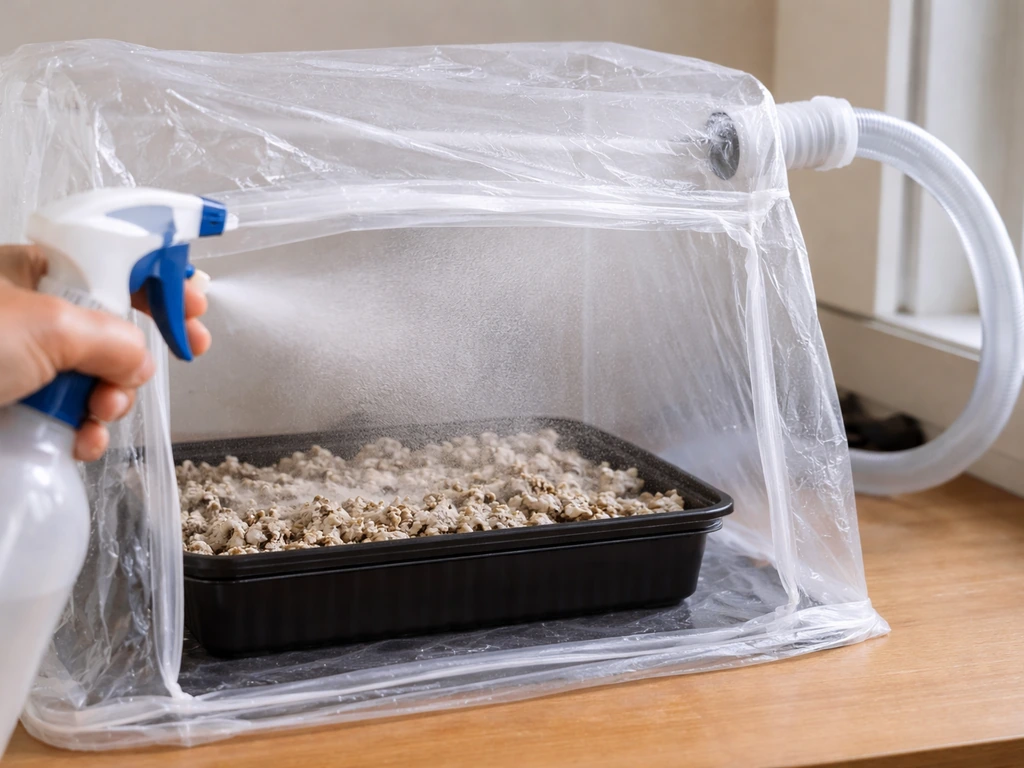 A sealed humidity tent over a mushroom tray with fine mist spraying and fresh-air exchange tubing nearby