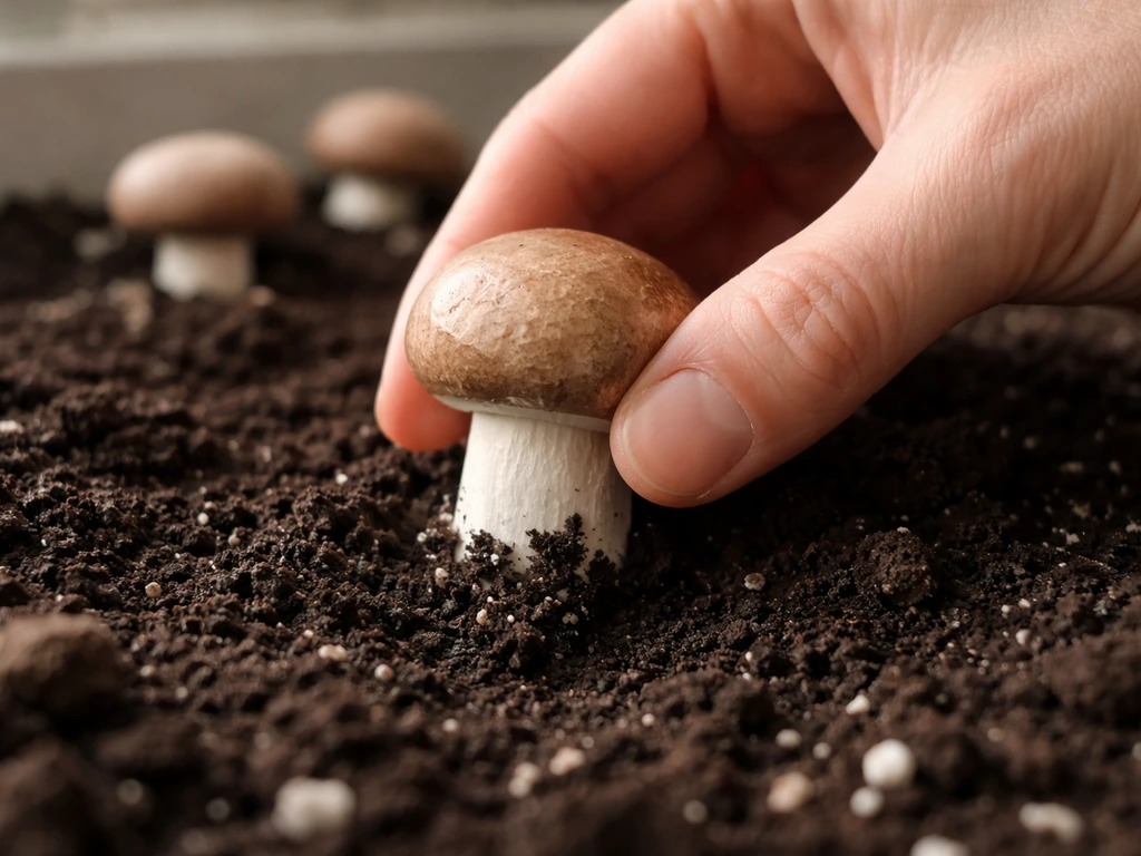 Hand gently twists and pulls a crimini mushroom; firm rounded cap with veil intact or slightly tearing.