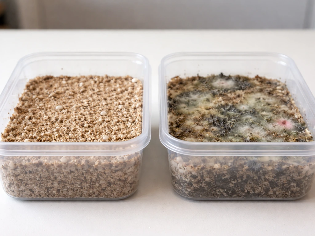 Side-by-side photo of mushroom casing: one healthy, one with green/black/pink mold patches