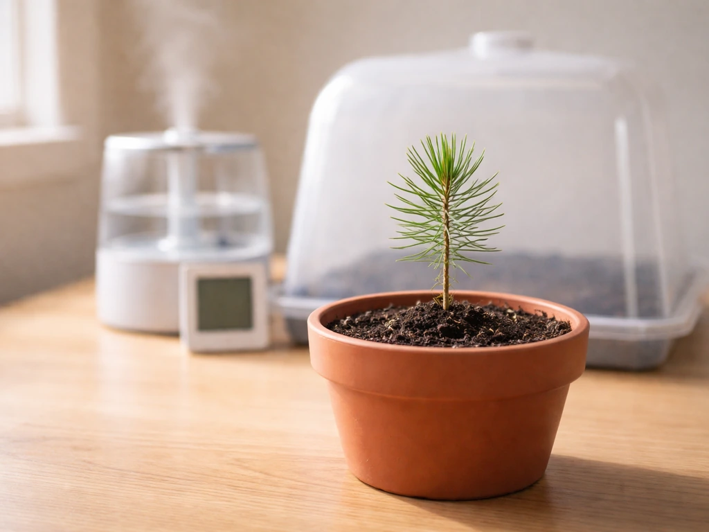 Small potted pine seedling with indoor humidity-control gear in the background for mycorrhizal growing.