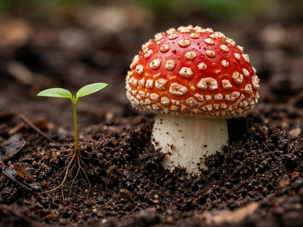 Close-up of Amanita muscaria mushroom near a small seedling in soil, suggesting slow mycorrhizal growth indoors.