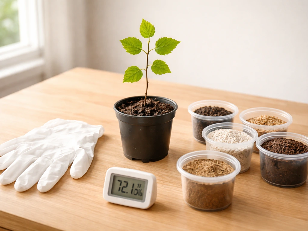 Indoor tabletop spread: potted birch seedling, gloves, soil containers, and a small temperature/humidity meter.