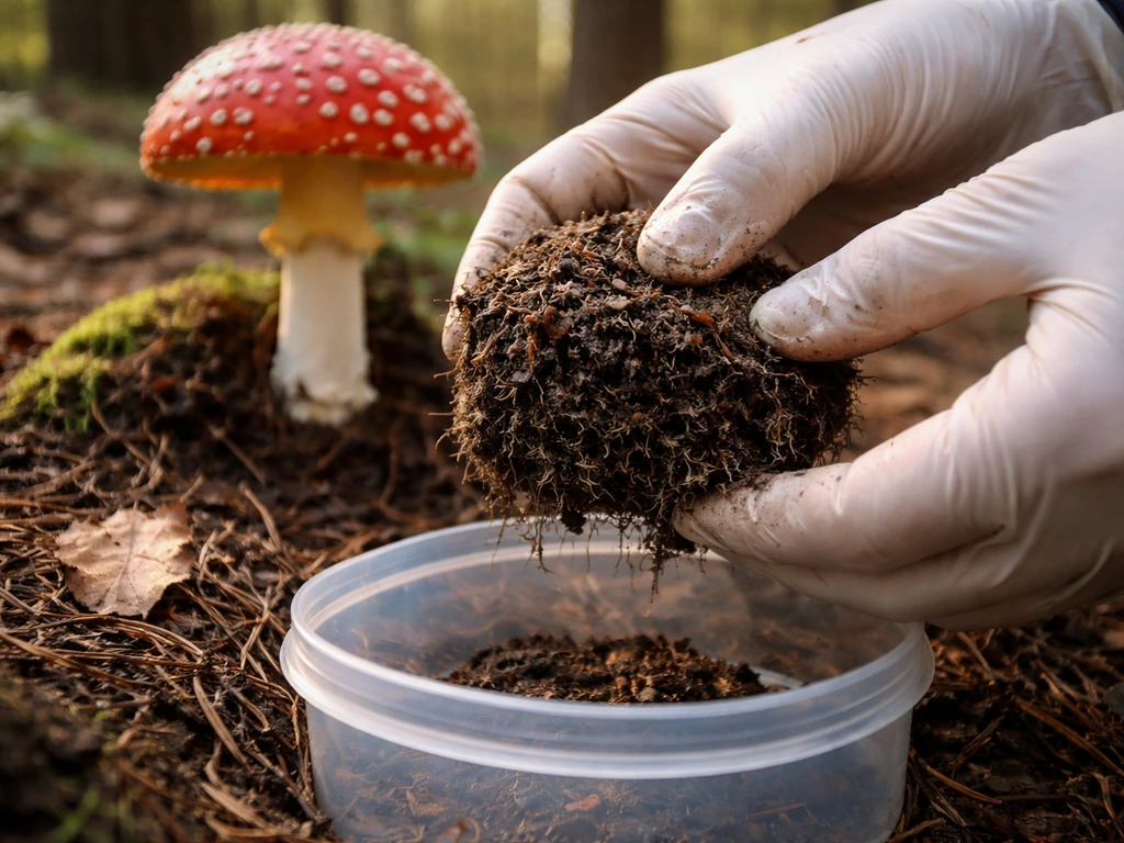 Close-up of gloved hands holding a soil plug and small container near a mushroom fruiting site.