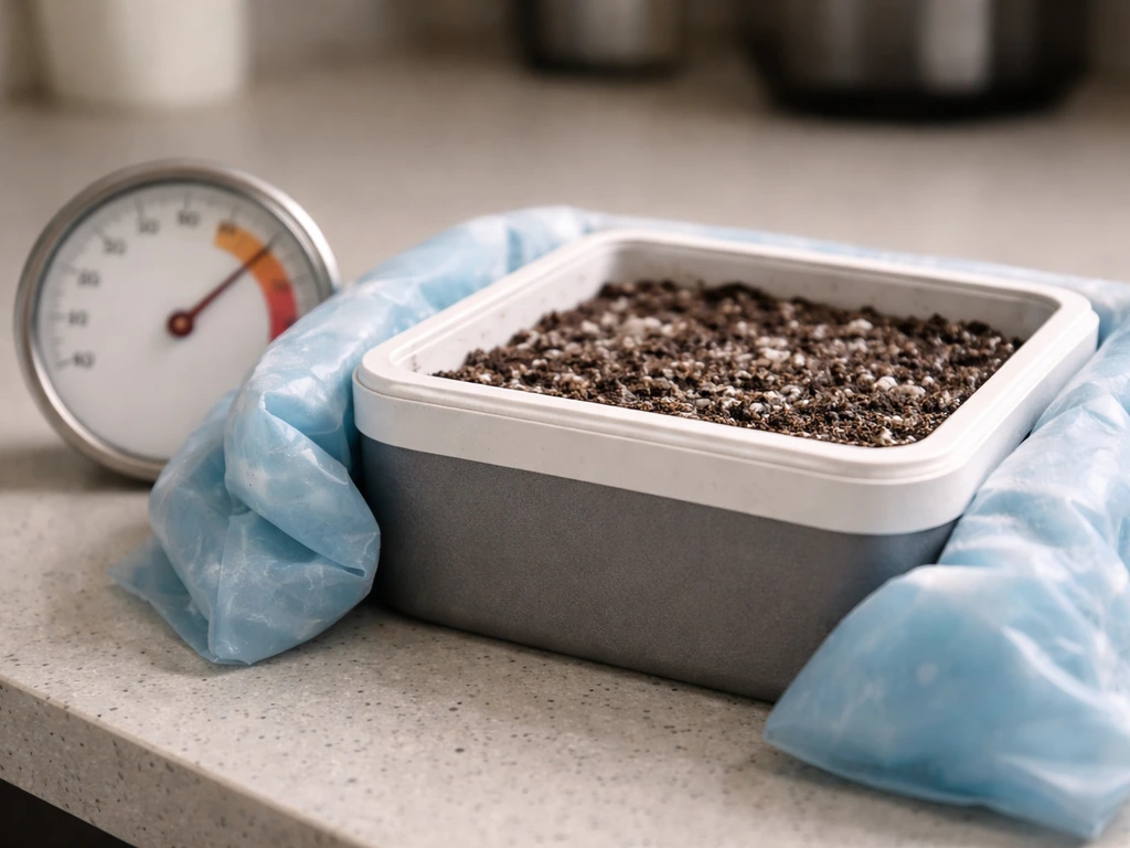 Small grow container on a counter beside an analog thermometer, suggesting a warm room vs cooler incubation.