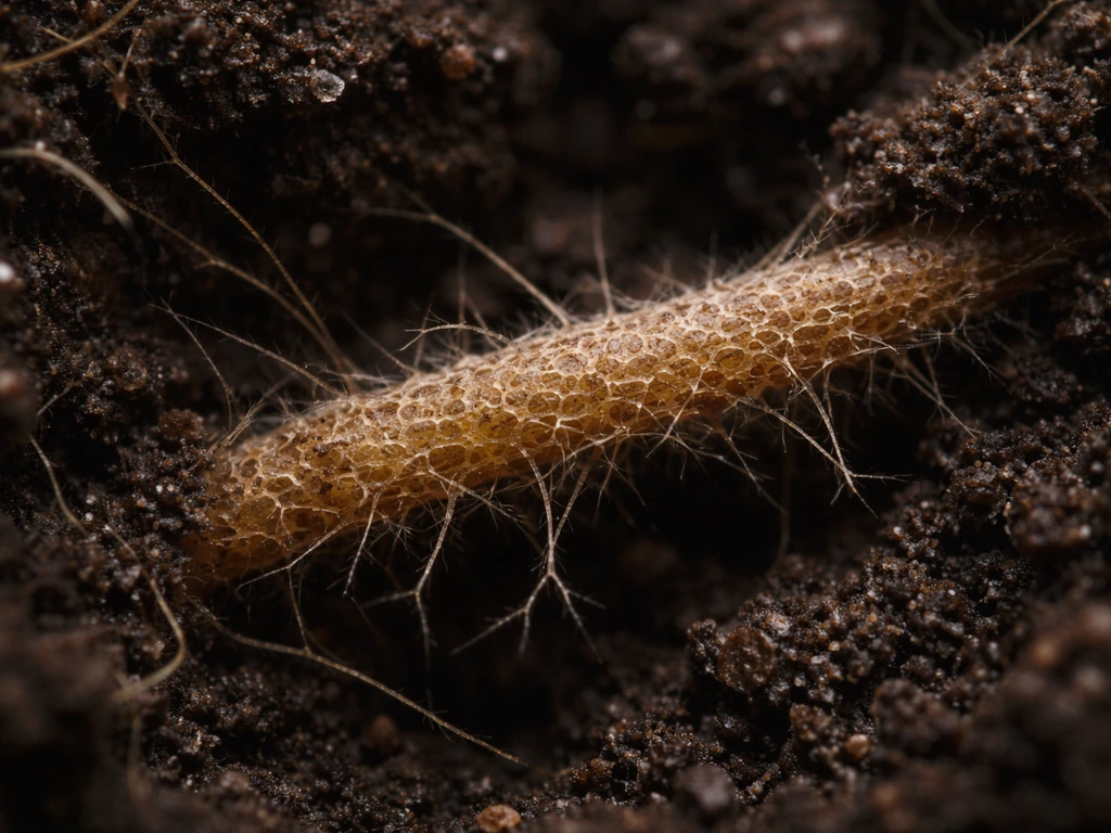 Macro view of a host-tree root with fine fungal threads forming a net-like mycorrhizal connection in soil
