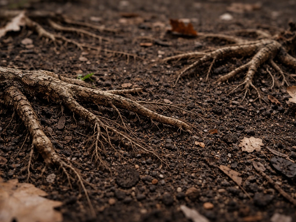 Close view of oak roots in moist soil, showing two tree root clusters in a simple forest scene.