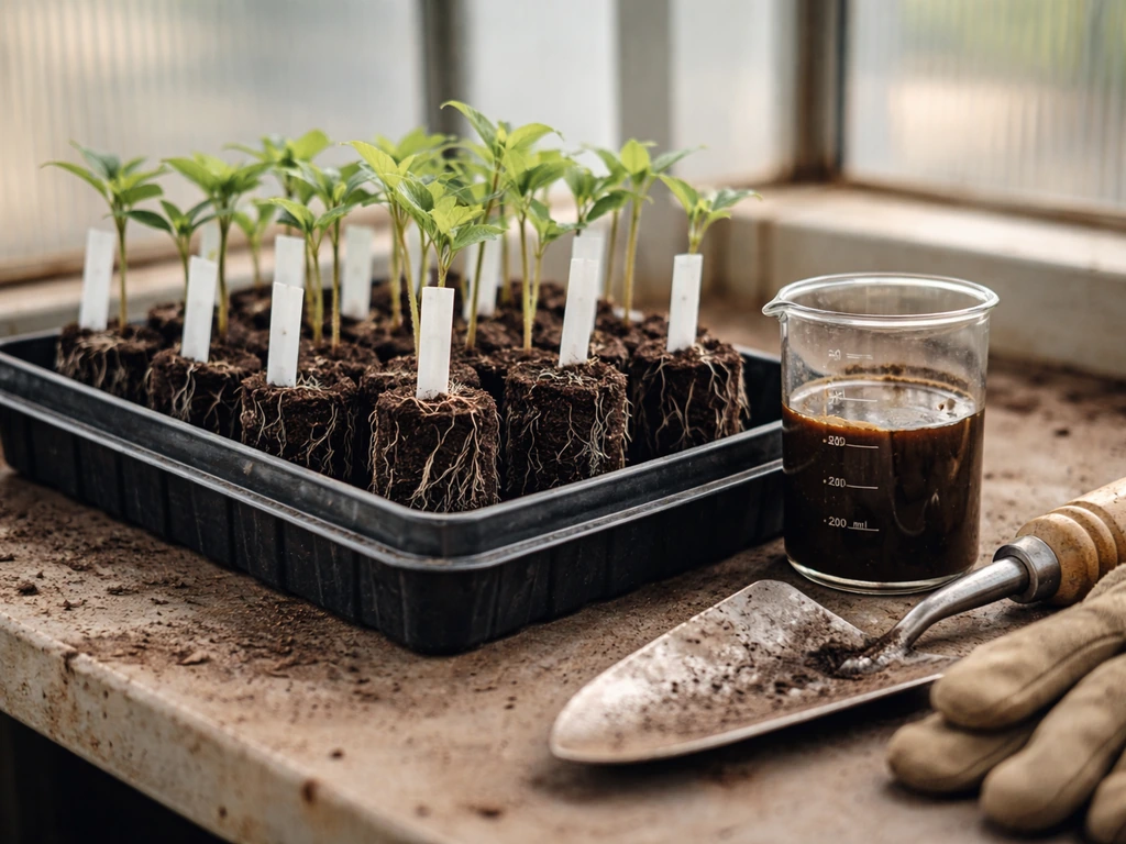 Inoculated seedling tray with roots on a greenhouse bench, with gloves and inoculant beaker nearby.