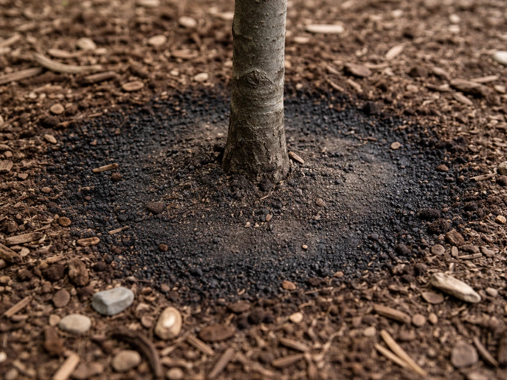 Close-up of dark, bare soil ring around a young tree trunk indicating a possible brûlé.