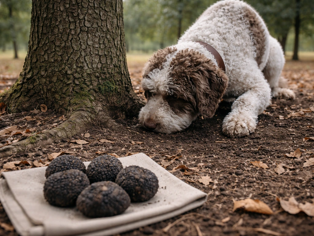 Trained truffle dog sniffing soil at the base of an oak while harvested truffles sit nearby