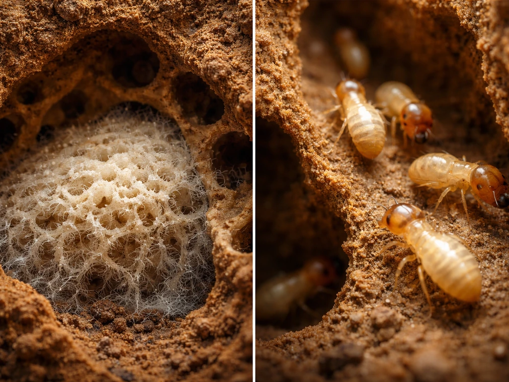 Photoreal split-scene showing a termite mound cross-section with pale fungus comb and tiny termites moving around.