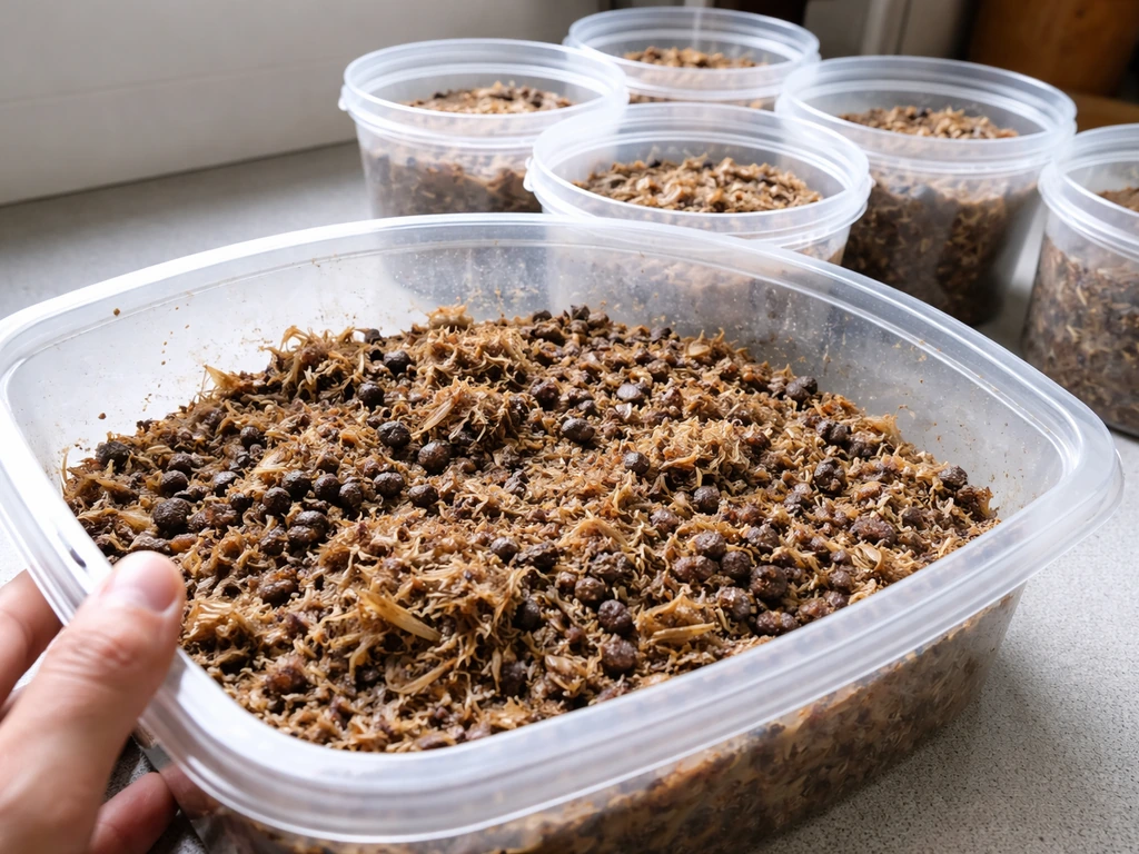 Close-up of brown fibrous substrate mixed with darker nutrient components, poured into clean containers.