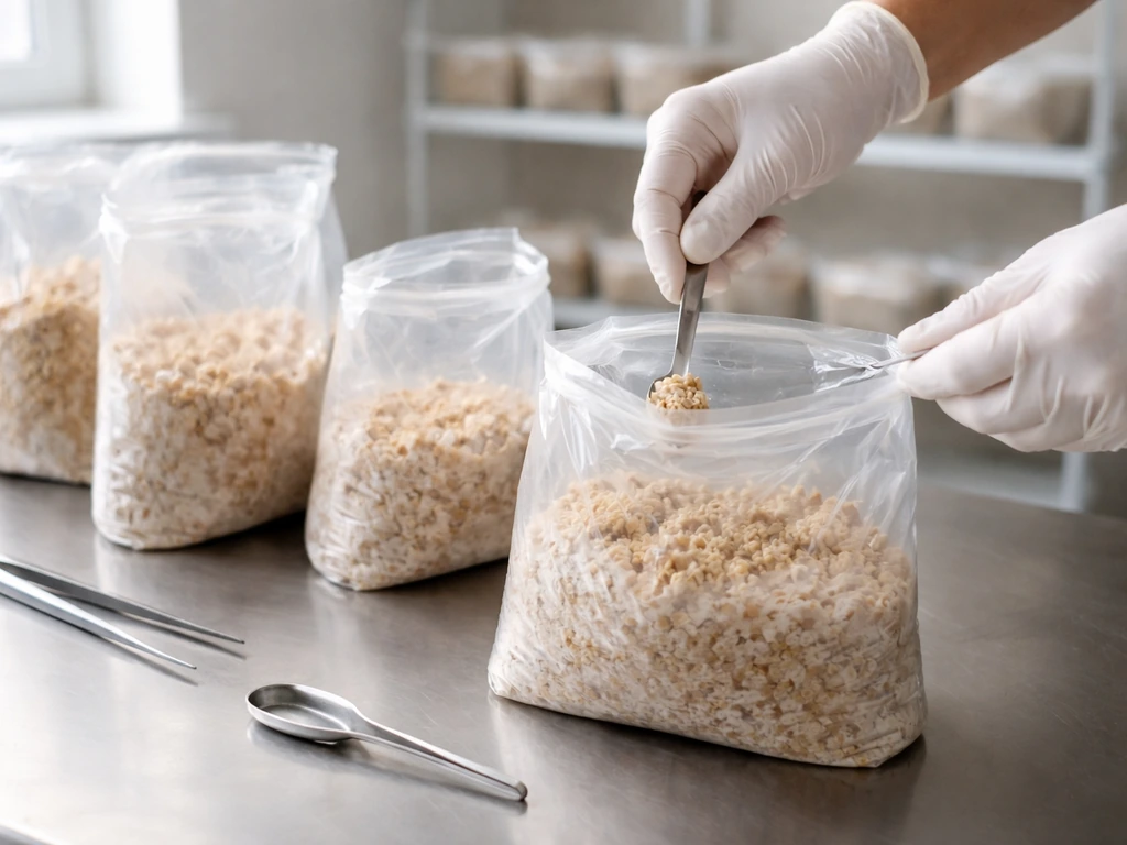 Gloved hands opening inoculated bags and adding spawn in a clean workspace