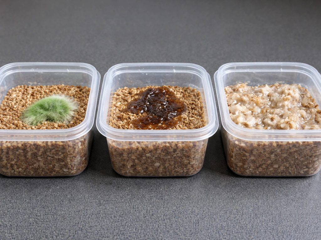 Three small Petri-dish-like substrate samples showing green mold, wet bacterial spot, and abnormal overgrowth