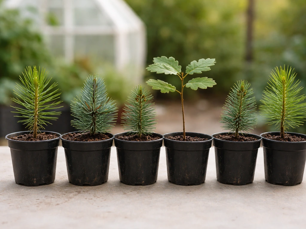 Potted pine, spruce, and oak seedlings lined up side-by-side to choose a suitable host tree