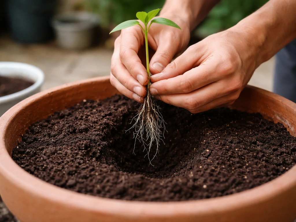 Hands insert a young seedling into a large pot, showing its root zone in dark, moist soil.