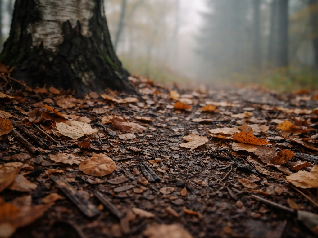 Autumn-shaded forest bed with leaf litter and damp mulch suggesting cool fruiting conditions.