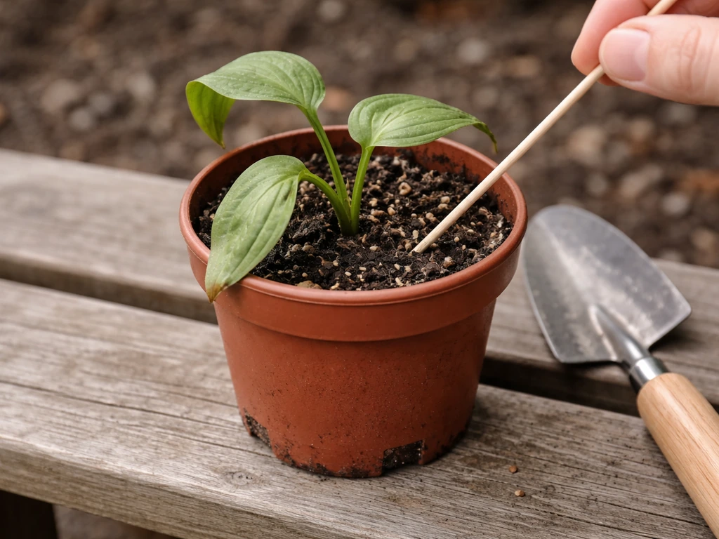 Close inspection of a potted host seedling with tools checking soil moisture and drainage holes