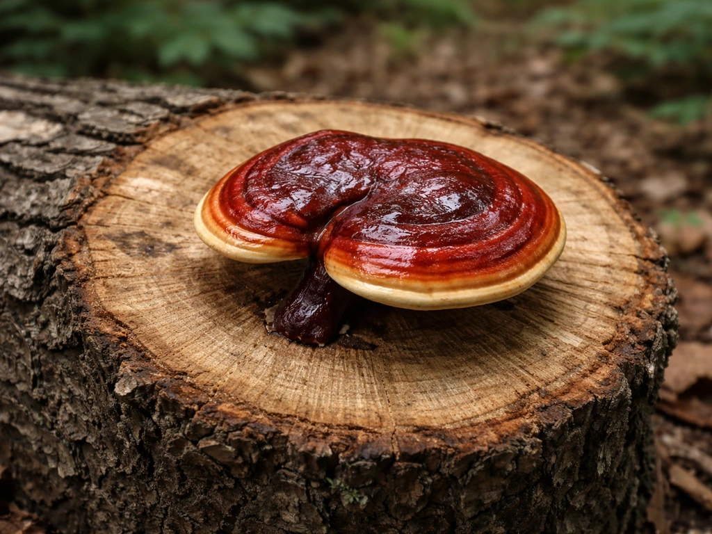 Red reishi mushroom growing on an oak log in soft natural woodland light.