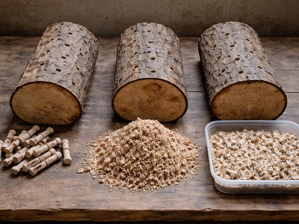 Three reishi inoculation materials laid out: colonized plug dowels, sawdust spawn, and bulk spawn in drilled log section