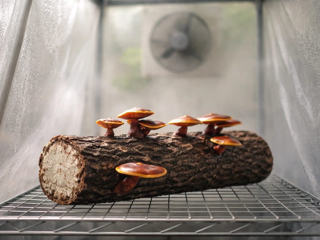 Colonized mushroom logs on a rack inside a humid, ventilated greenhouse tent for fruiting
