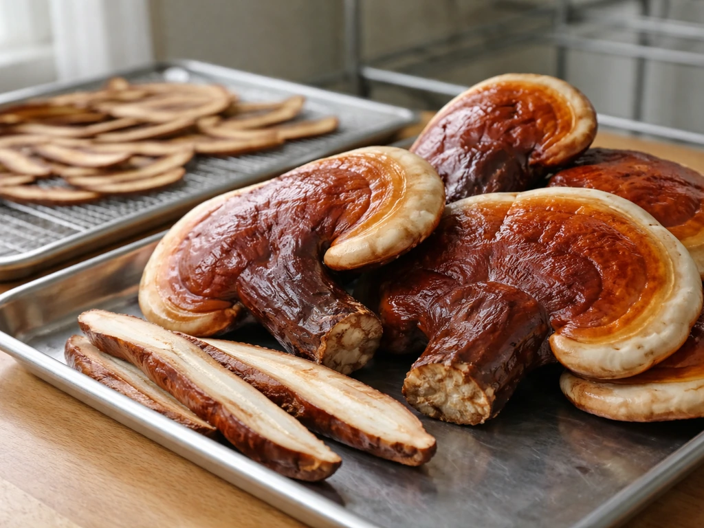 Fresh reishi fruiting bodies with red-edged caps drying on clean mesh trays indoors.