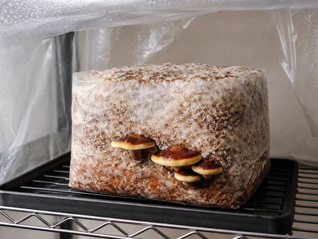Reishi mushroom grow block on a shelf with early fruiting caps beginning in a simple home setup.