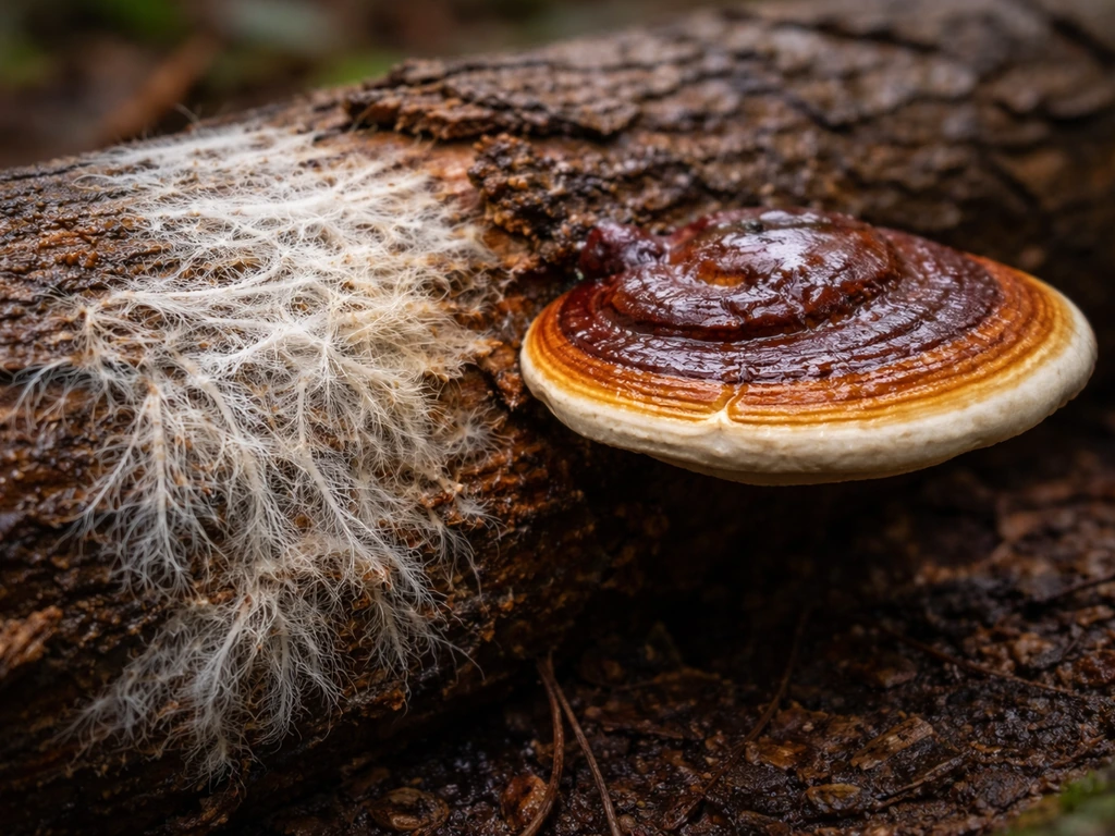 Close-up of reishi mushroom growth on a cut log, with pale white mycelium spreading toward woody fruiting body