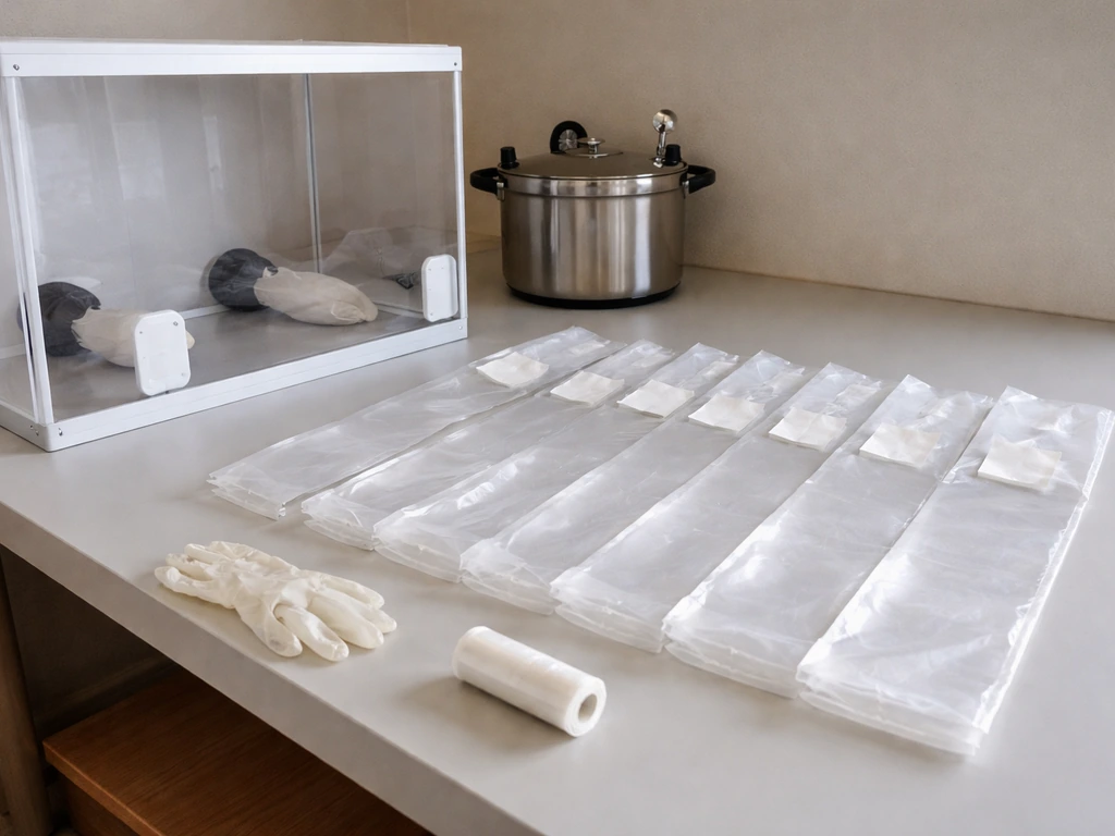 Reishi cultivation setup with polypropylene filter-patch bags, a still-air box, and a ready pressure cooker.