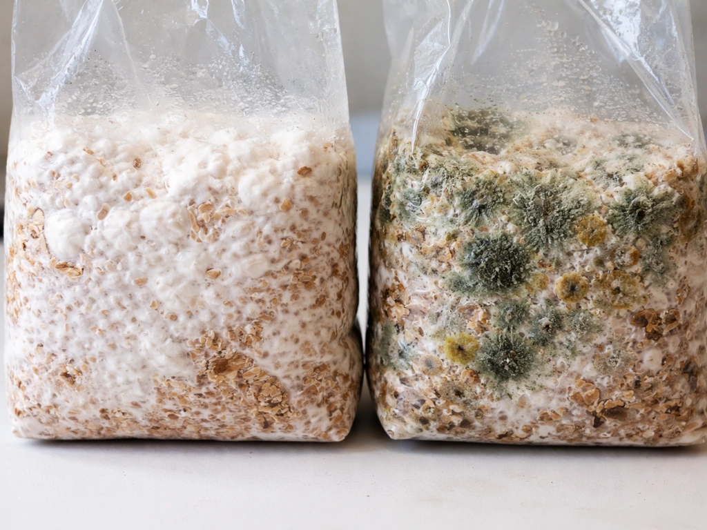 Close-up of substrate showing bright white healthy mycelium and contrasting green/black mold patches.
