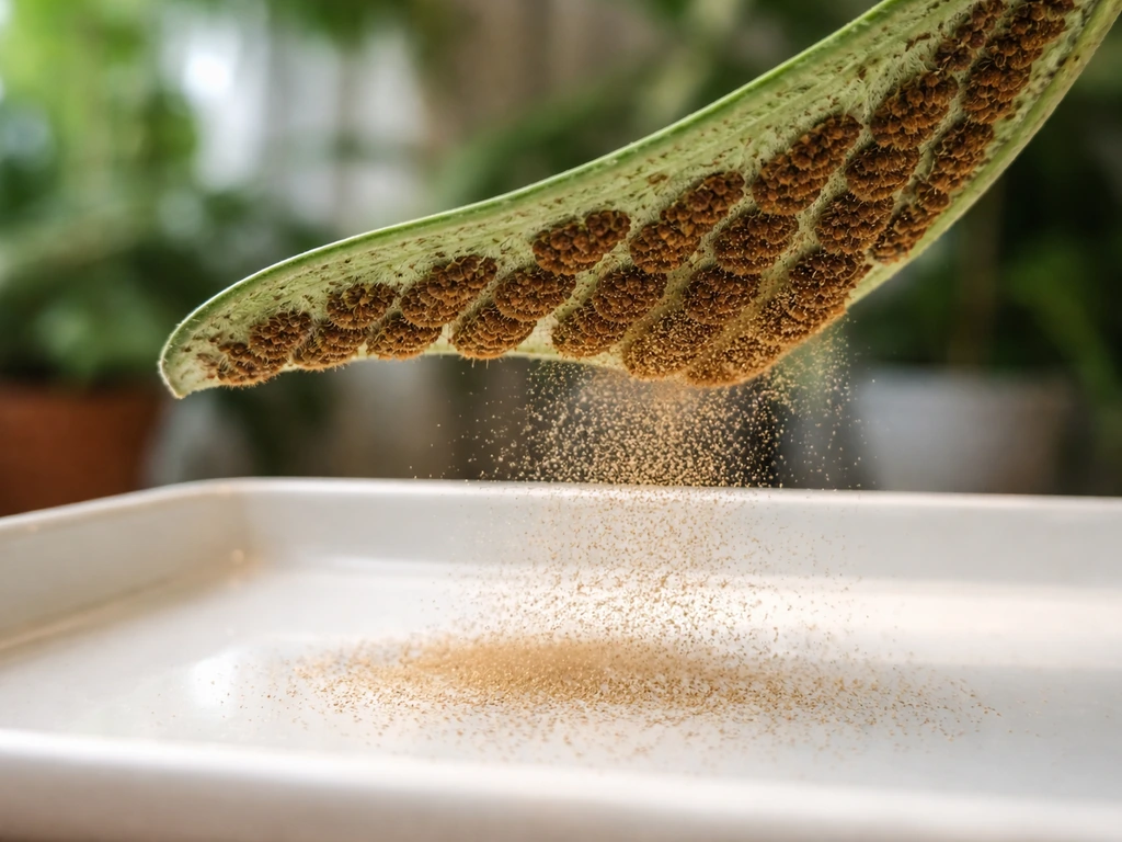 Macro close-up of a staghorn fern fertile frond with sori releasing spores onto a clean surface