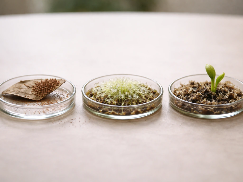 Three simple macro terrarium scenes: sori spores, pale gametophyte filaments, and a young staghorn fern sprout.