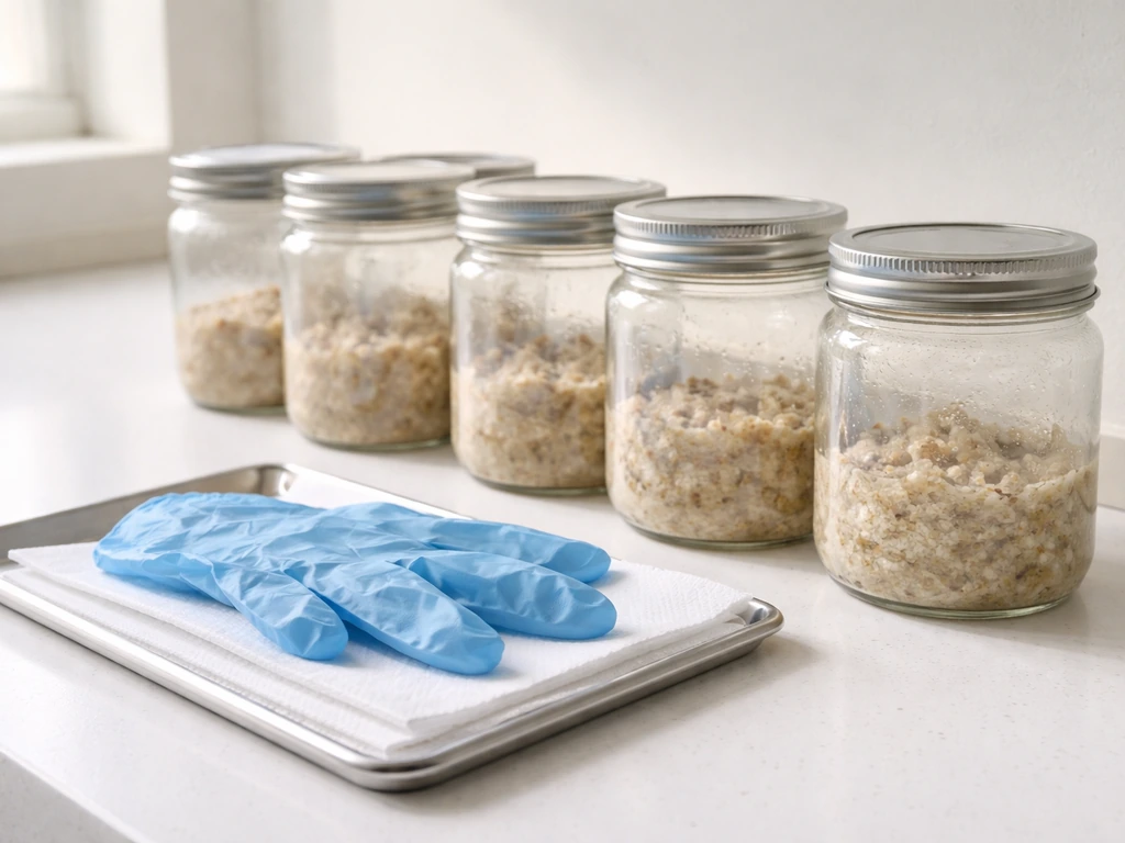 Sealed jars with sterile germination medium on a clean bench, minimal sterile setup for sowing