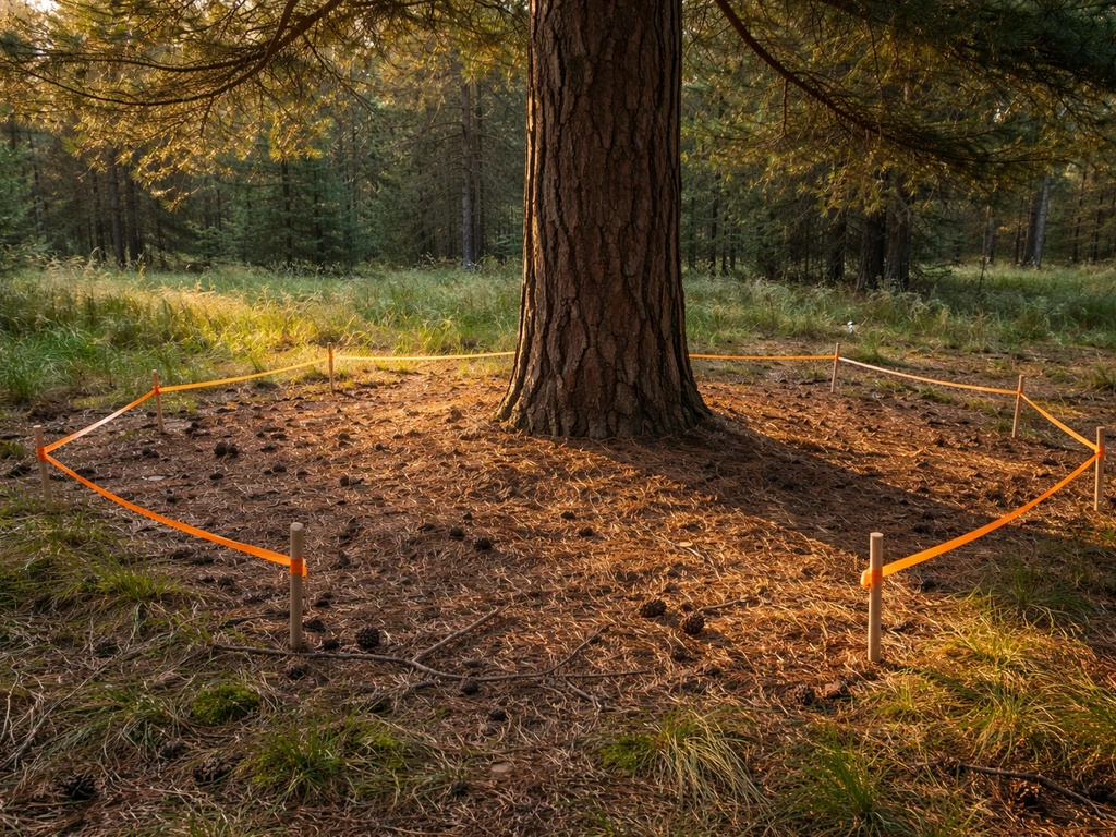 Outdoor pine tree in a forest with a marked semicircular zone around the drip line on the ground.