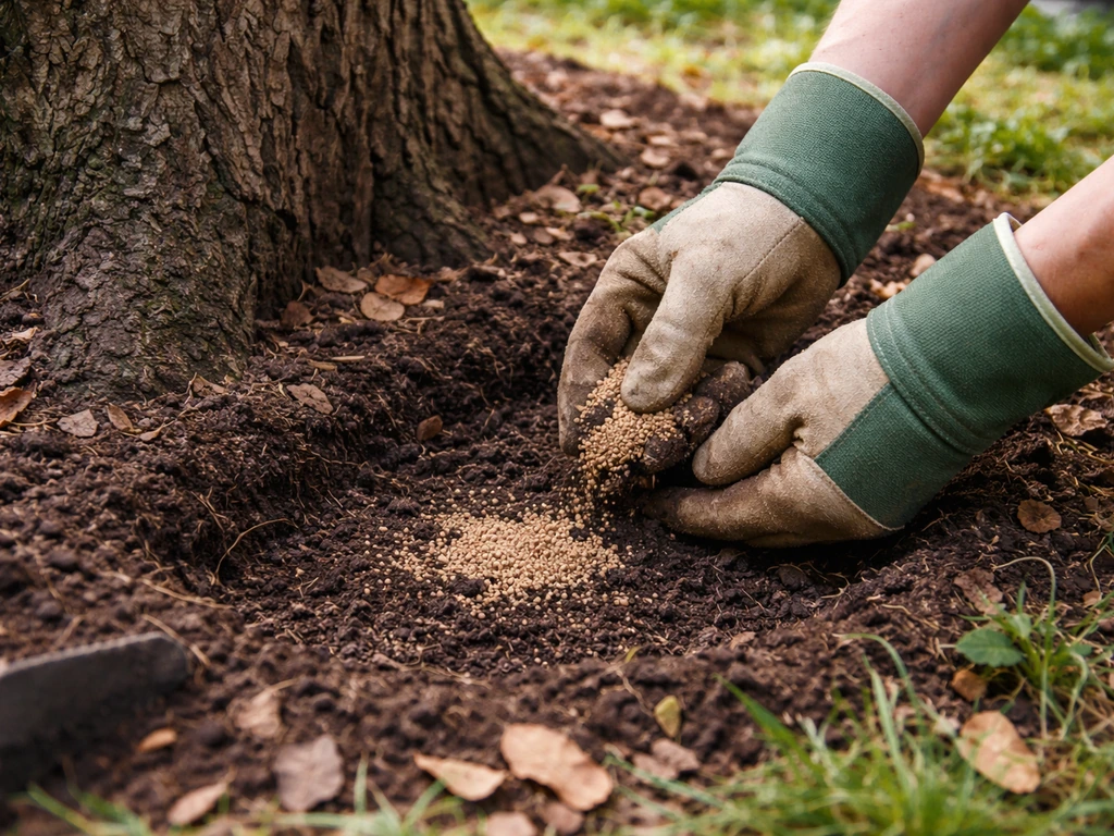 Gloved hands clearing soil and placing inoculum in a small patch at a tree’s drip line.