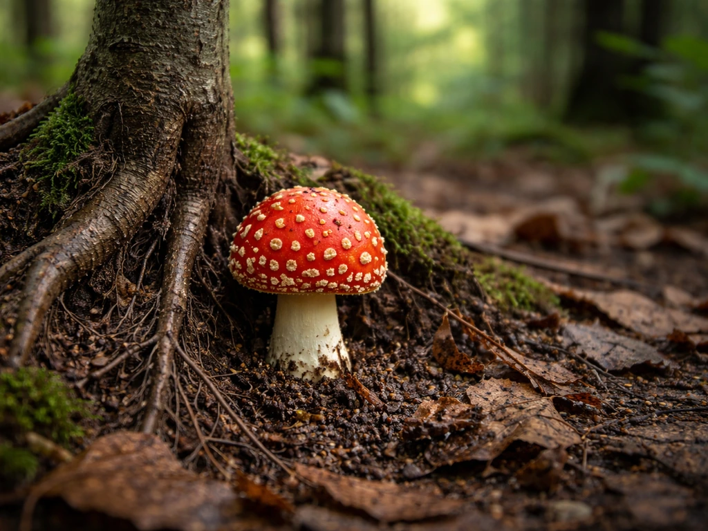 Amanita muscaria mushroom near tree roots on forest floor with subtle ectomycorrhizal-like root growth cues.