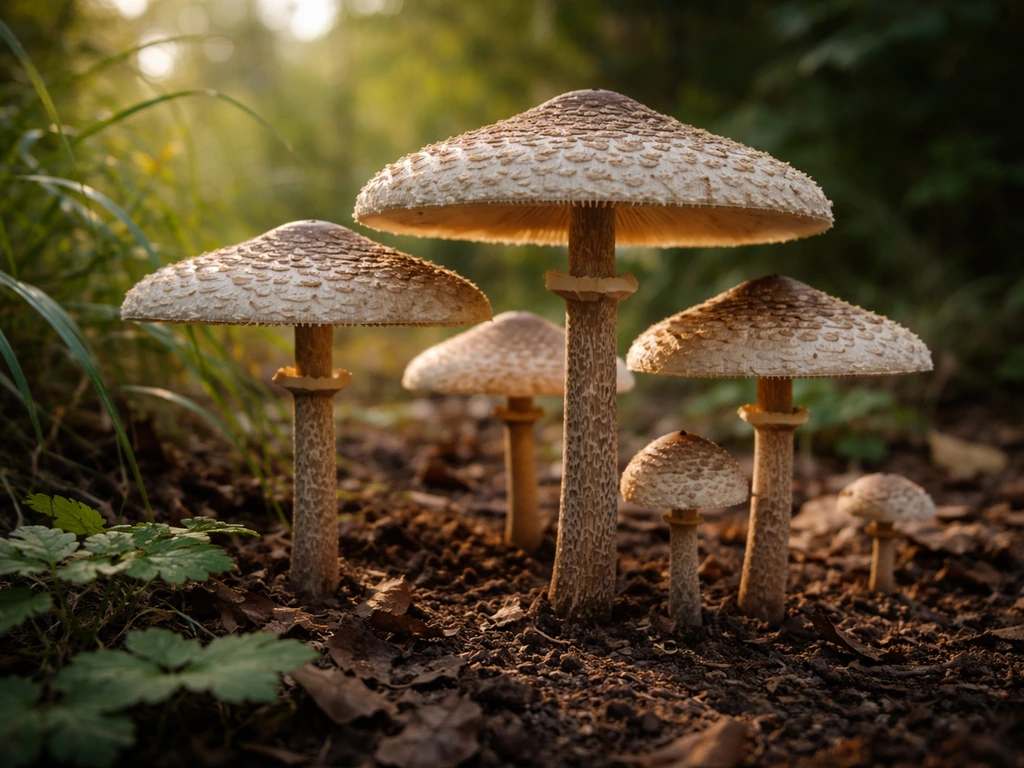 Mature parasol mushrooms in a natural outdoor bed, umbrella-cap silhouettes in soft morning light