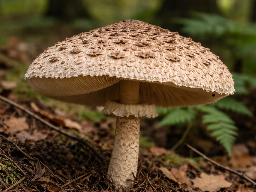 Close-up of a parasol mushroom cap with gill and stem features in a forest floor setting