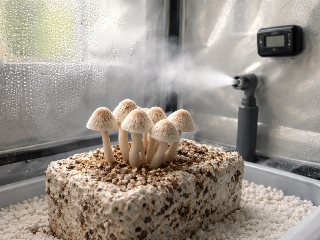 Parasol mushroom pins in a small humidified grow tent with condensation and a mist/humidity setup nearby.