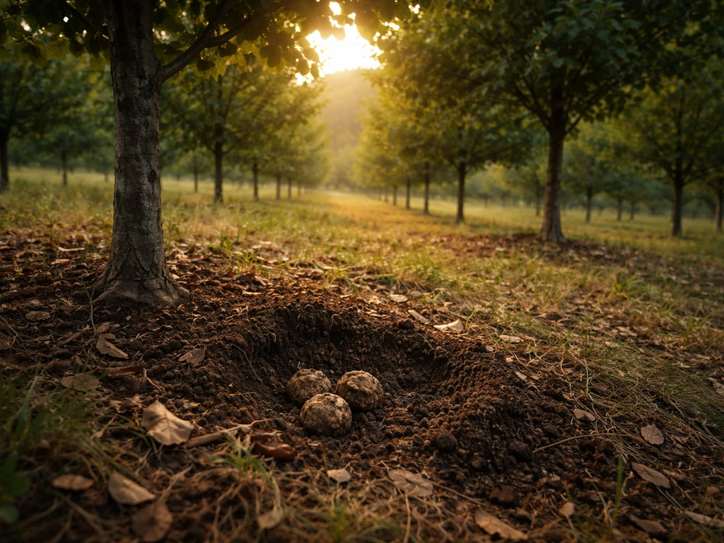 North Carolina truffle orchard with hazelnut/filbert host trees and lightly mounded soil near roots.