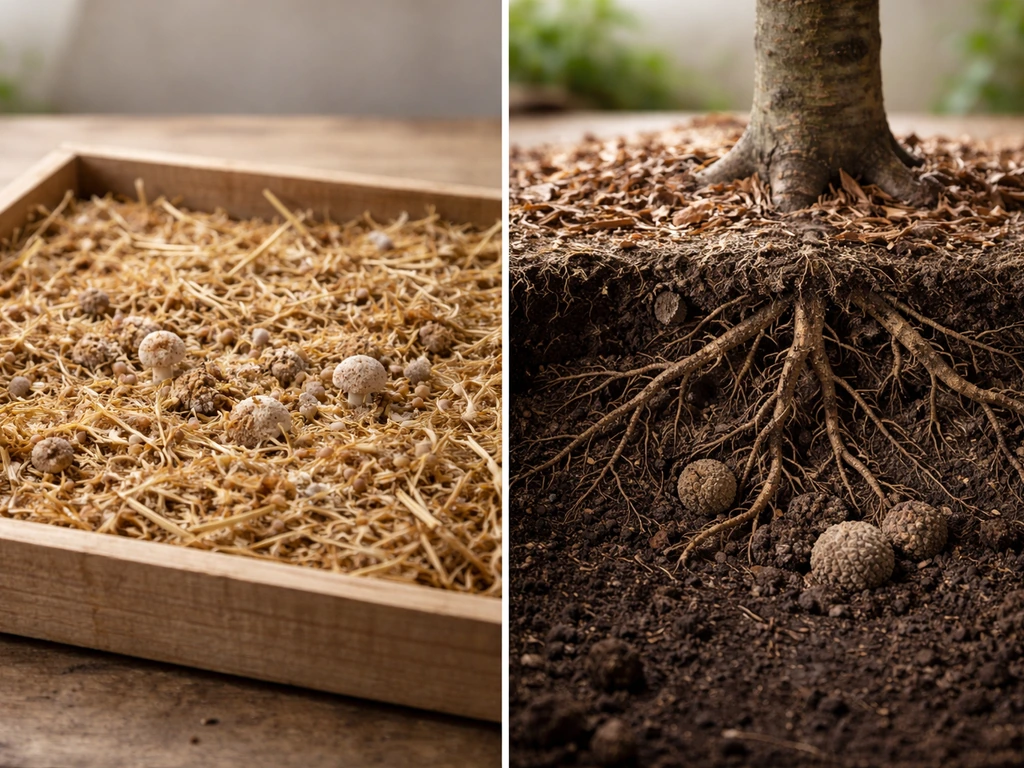 Side-by-side: typical mushroom substrate spawning vs truffles forming around tree roots underground.