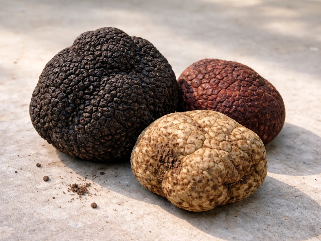 Close-up of three truffles on a light stone surface, showing different dark and reddish-brown textures.