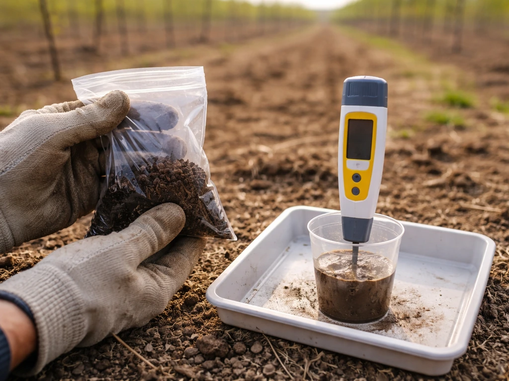 Hand in gloves holding soil sample near simple pH test in a small tray outdoors