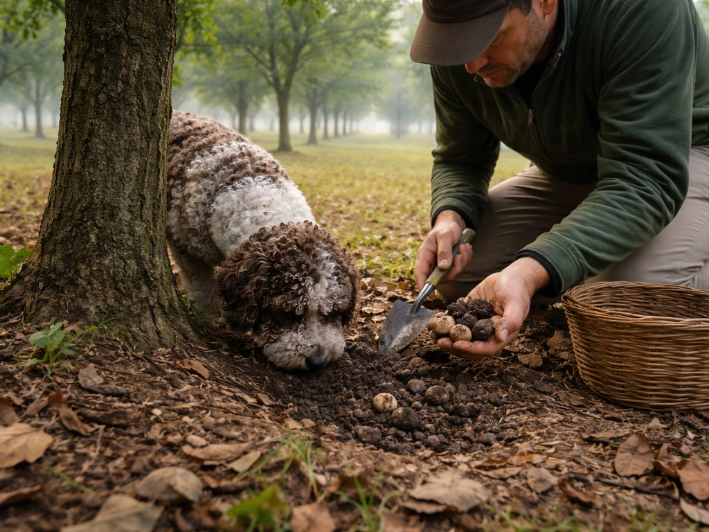 Trained dog sniffing in a hazelnut orchard as a harvester gently retrieves freshly found truffles.