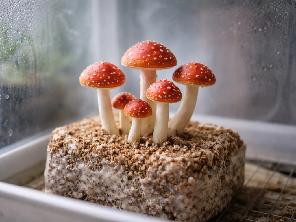 Fresh toadstool-type mushrooms growing from a small indoor substrate block, with misty humidity in the background.