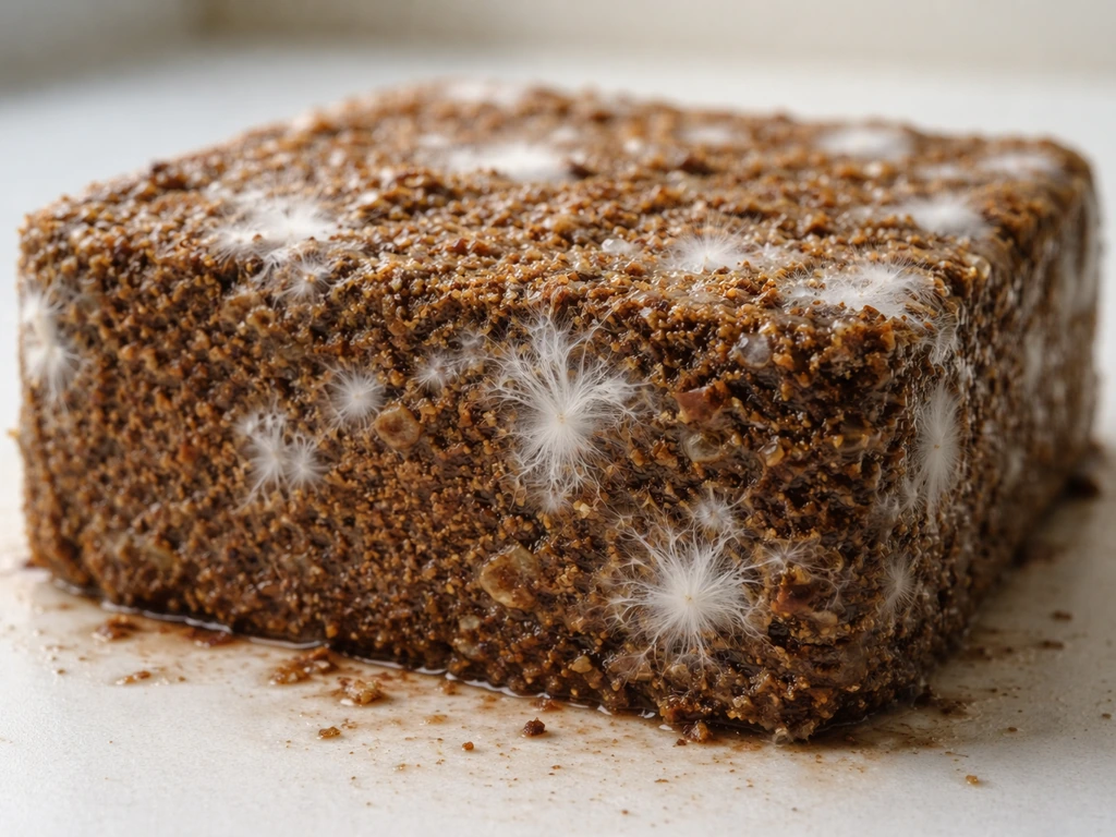 Close-up of a partially colonized mushroom substrate block with fresh mycelium growth starting to establish.