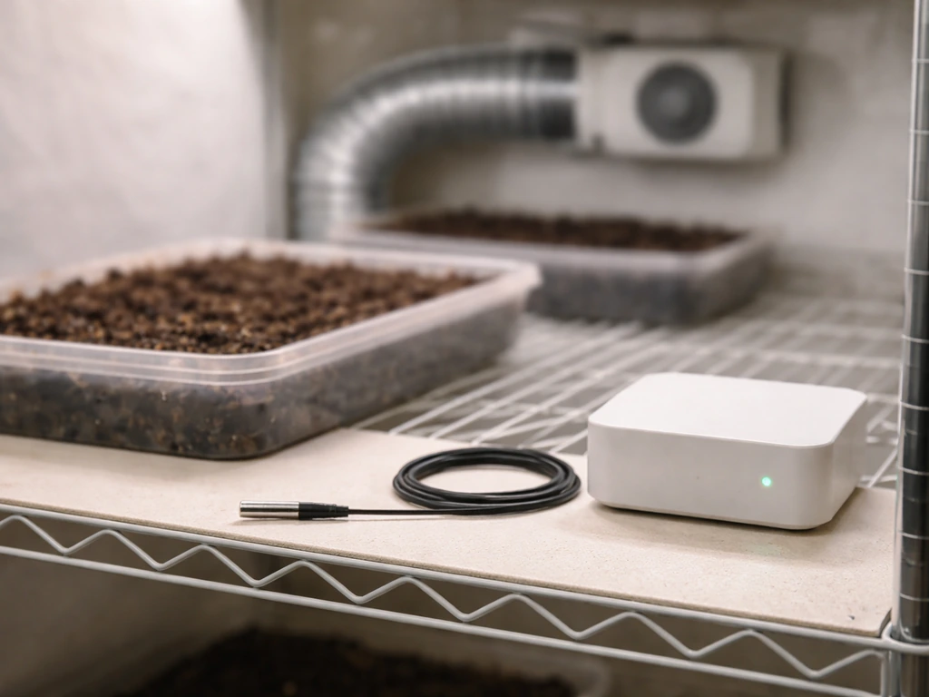Small indoor grow setup with a thermometer probe and a temperature-control device near a ventilated unit
