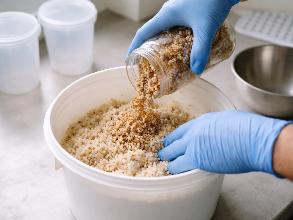 Gloved hands mixing grain spawn into a bucket of substrate in a clean workspace