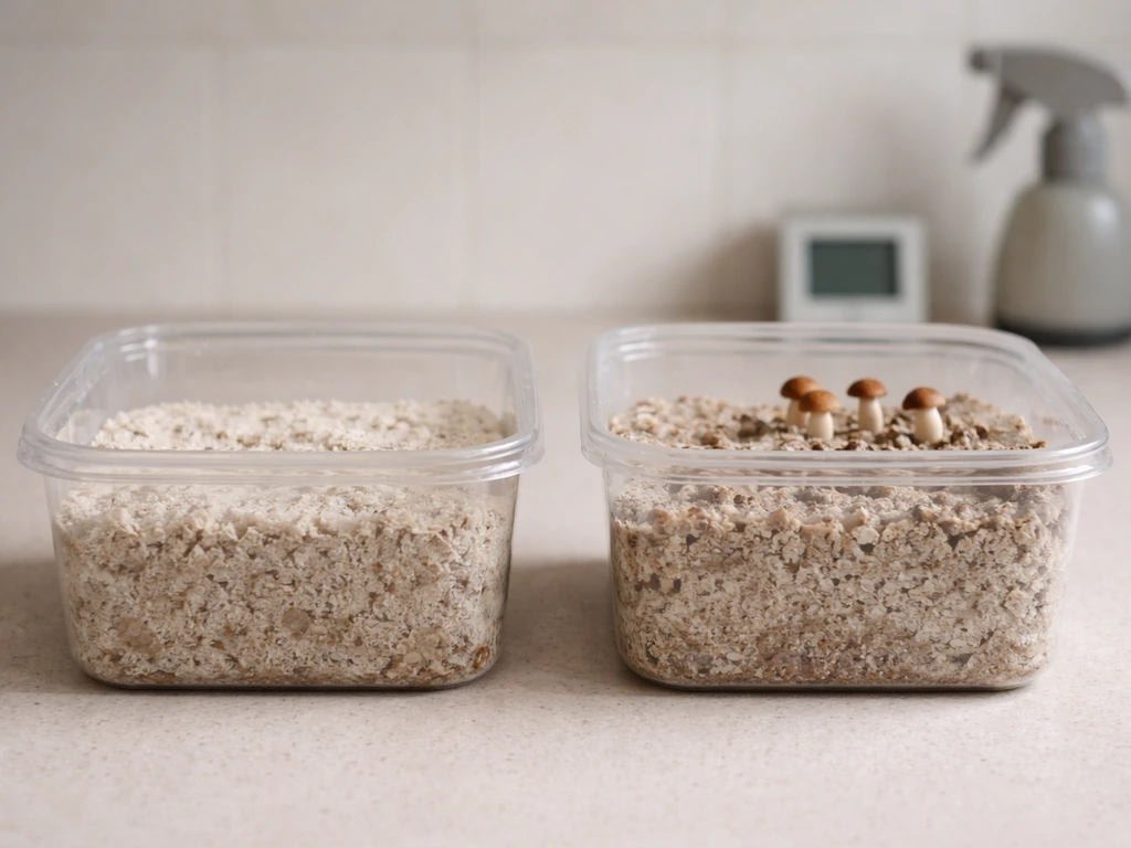 Two mushroom grow containers side by side: dry no-pins left, aborted/capped pins right, with hygrometer nearby.